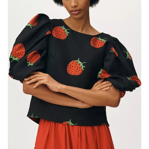 Maeve Puff-Sleeve Blouse Strawberry Print M - Picture 1 of 4